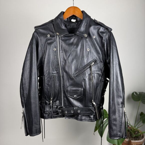 Vintage 80s 90s Leather Black Biker Moto Jacket, Paragon,Thinsulate Tassel Style - Picture 2 of 15